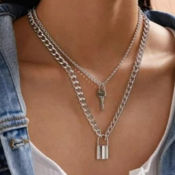 Lola Mae Jewelry - Silver Lock Key Link Double Layer Necklace